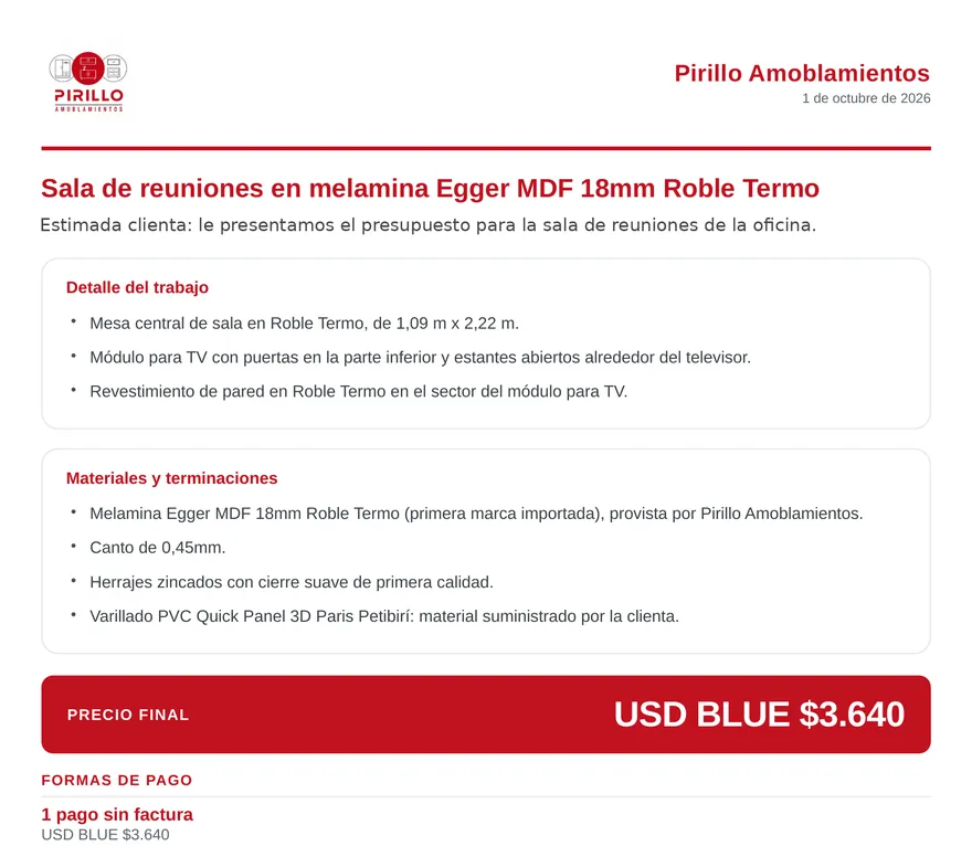 Presupuesto en PDF generado con Talvo: título del trabajo, detalle, materiales y precio final con el logo del taller